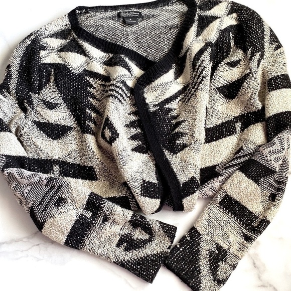 Lucky Brand Geometric Open Front Drape Cardigan Black/Gray - Picture 11 of 11